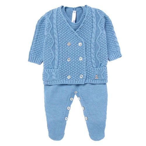 Saída de Maternidade Masculina com Manta Tricot Ponto Trança - AZUL CANTO