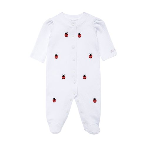 Macacão de Bebê Feminino Longo Bordado Joaninha - BRANCO
