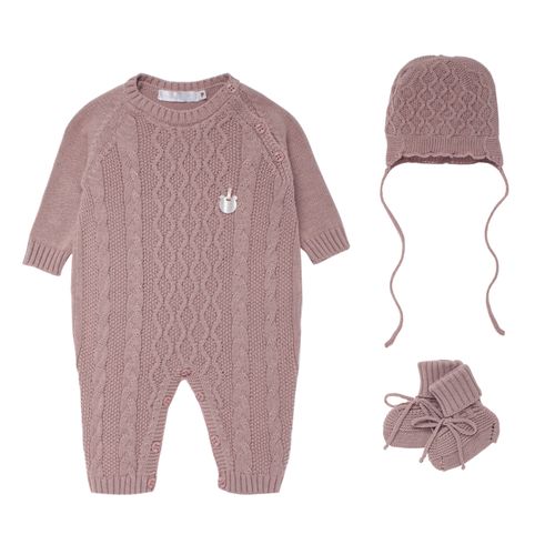 Saída de Maternidade Feminina Tricot com Sapatinho e Gorro - ROSA ANTIGO