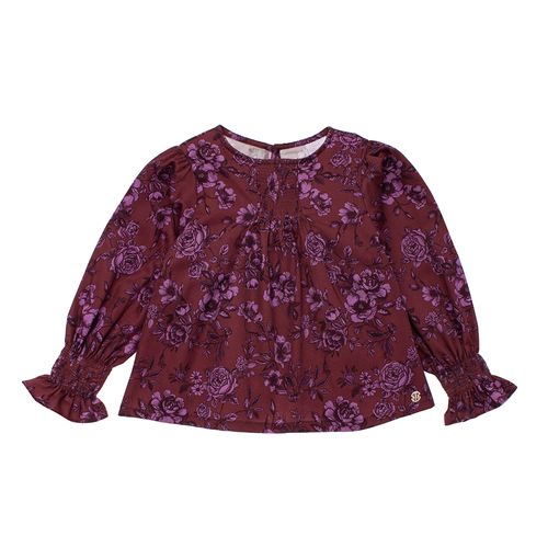 Bata Infantil Feminina Manga Longa Algodão Egípcio Floral - BORDO