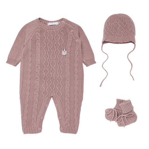 Macacão de Bebê Feminino Tricot com Gorro - ROSE TAN