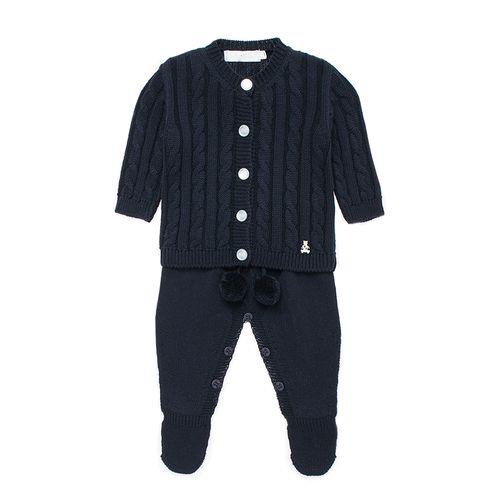Saída de Maternidade Unissex Tricot Pompom Trança - AZUL MARINHO