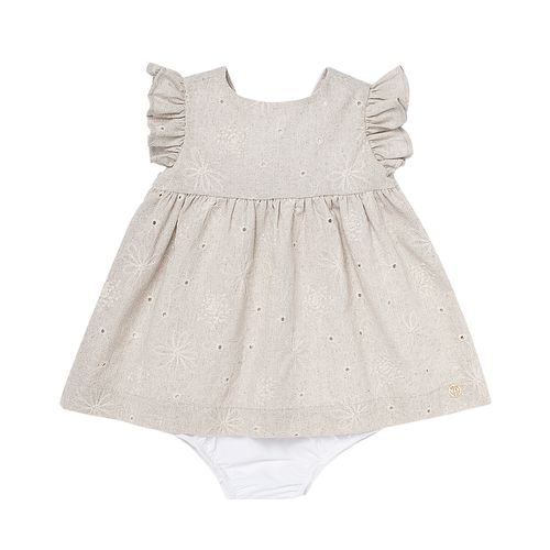 Vestido de Bebê Feminino Bordado Flores - AREIA