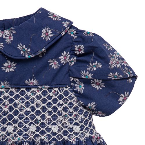 Vestido de Bebê Feminino Ponto Smock Algodão Egípcio Fio 60 Margaridas - AZUL MARINHO