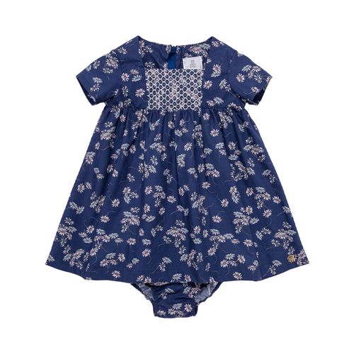 Vestido de Bebê Feminino Ponto Smock Algodão Egípcio Fio 60 Margaridas - AZUL MARINHO