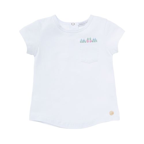 Camiseta de Bebê Feminina Manga Curta Cotton Bordado Flores - BRANCO