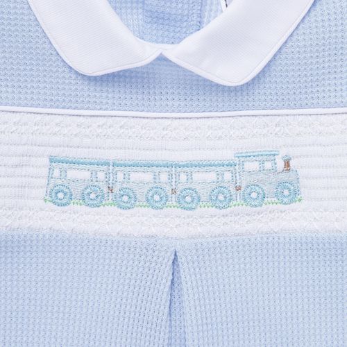 Macacão de Bebê Masculino Longo Favos Ponto Smock Trenzinho - AZUL