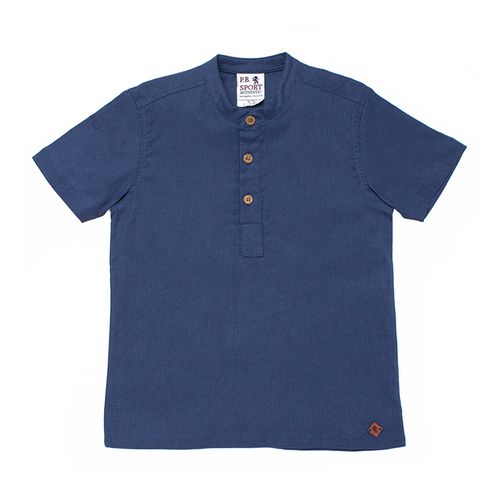 Bata Infantil Masculina Manga Curta Cambraia de Linho - AZUL JEANS
