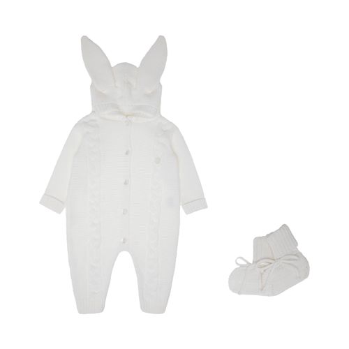 Macacão de Bebê Unissex Tricot Ponto Trança Coelho com Capuz - BRANCO