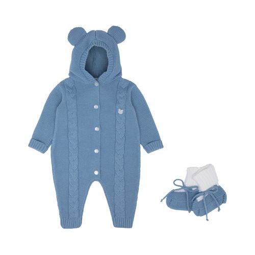 Macacão de Bebê Tricot Ponto Trança Urso com Capuz - AZUL CANTO