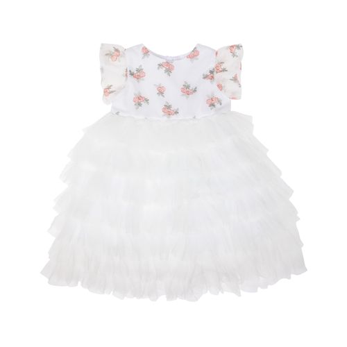 Vestido de Festa Bebê Feminino Tule Bordado Rosas - BRANCO