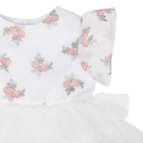 Vestido de Festa Bebê Feminino Tule Bordado Rosas - BRANCO
