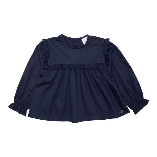 Bata Infantil Feminina Manga Longa Cotton Fio 60 com Babados - AZUL MARINHO