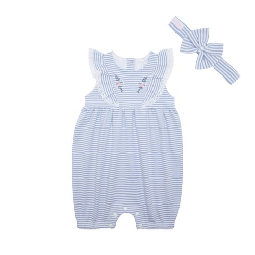 Macacão de Bebê Feminino Curto Suedine Listrado com Bordado - AZUL BEBE