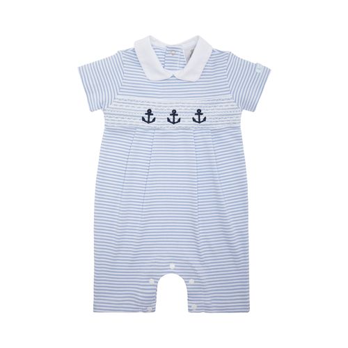 Macacão de Bebê Masculino Curto Suedine Listrado Ponto Smock - AZUL BEBE