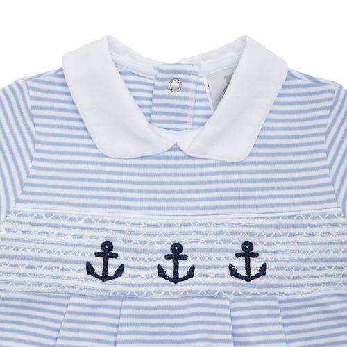 Macacão de Bebê Masculino Curto Suedine Listrado Ponto Smock - AZUL BEBE