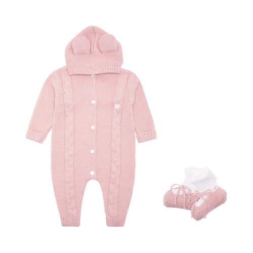 Macacão de Bebê Tricot Ponto Trança Urso com Capuz - ROSA BLUSH