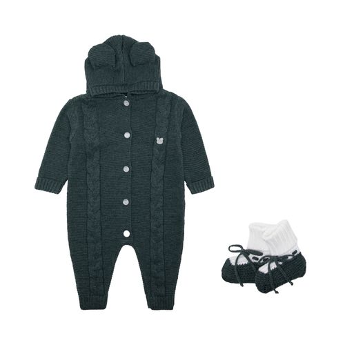 Macacão de Bebê Tricot Ponto Trança Urso com Capuz - VERDE