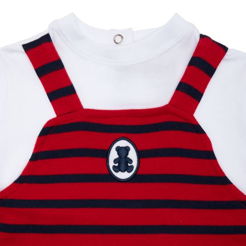 Macacão de Bebê Masculino Longo Listrado com Suspensório - VERMELHO