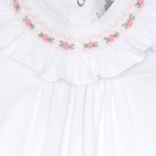 Macacão de Bebê Feminino Longo Ponto Roma Ponto Smock na Gola - BRANCO