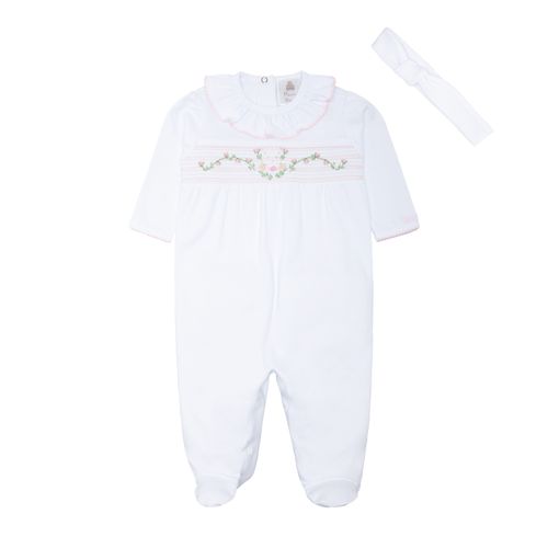 Macacão de Bebê Feminino Longo Suedine com Faixa de Cabelo - BRANCO