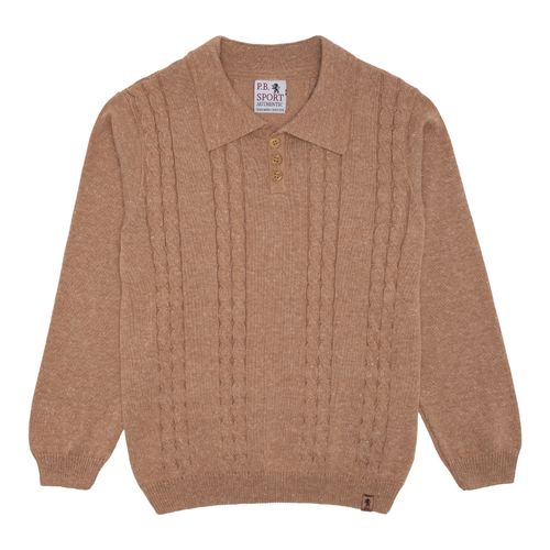 Blusa Polo Infantil Masculina Manga Longa Tricot Ponto Trança - BEGE