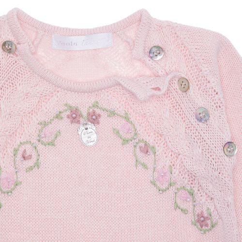 Saída de Maternidade Feminina com Manta Tricot Bordado Rococó - ROSA PASTEL