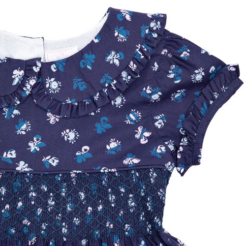 Vestido Infantil Feminino Algodão Egípcio Floral Tricolore Ponto Smock - AZUL