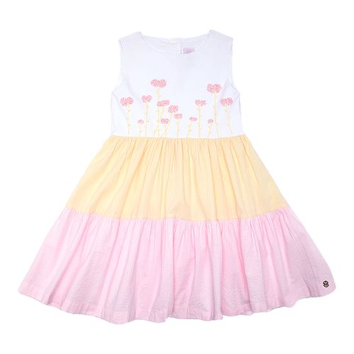 Vestido Infantil Feminino Anarruga com Bordado Tricolor - BRANCO