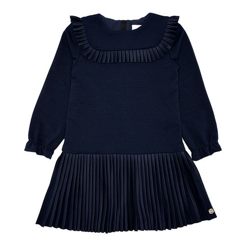 Vestido Infantil Feminino Manga Longa Ponto Roma Plissado - AZUL MARINHO