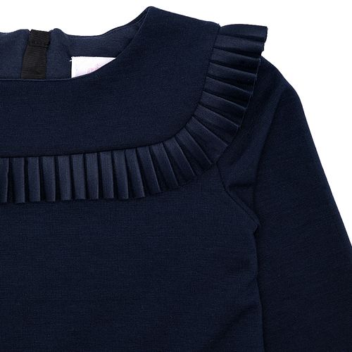 Vestido Infantil Feminino Manga Longa Ponto Roma Plissado - AZUL MARINHO