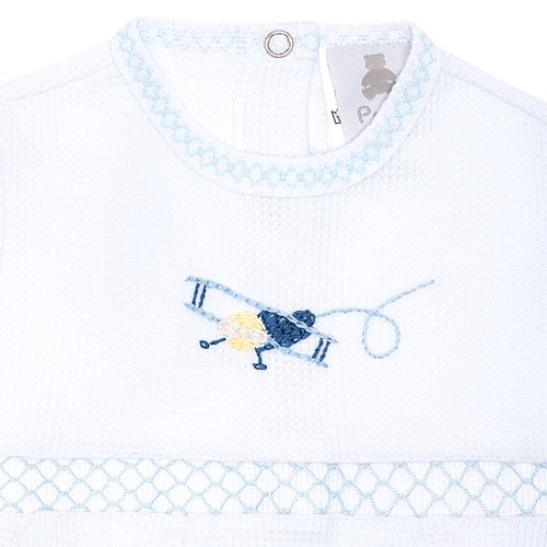 Macacão de Bebê Masculino Longo Ponto Roma Bordado Avião - BRANCO