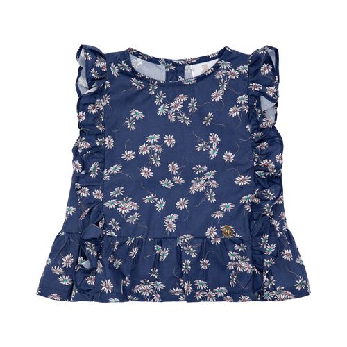 Bata de Bebê Feminina Manga Curta Algodão Egípcio Fio 60 Margaridas - AZUL MARINHO