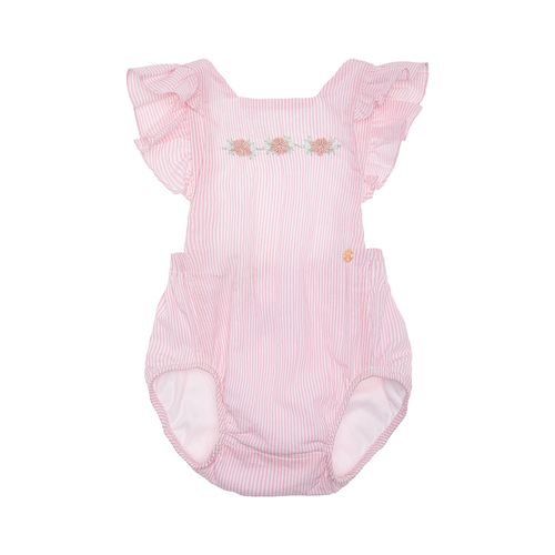 Romper de Bebê Feminino Anarruga Listrado com Bordado à Mão - ROSA