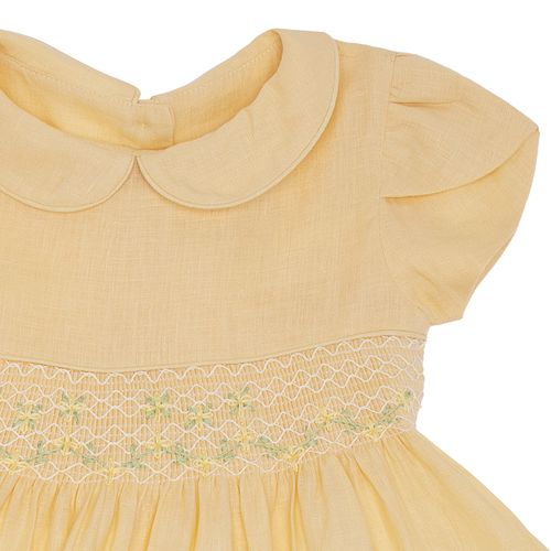 Vestido Infantil Feminino Ponto Smock Puro Linho - AMARELO