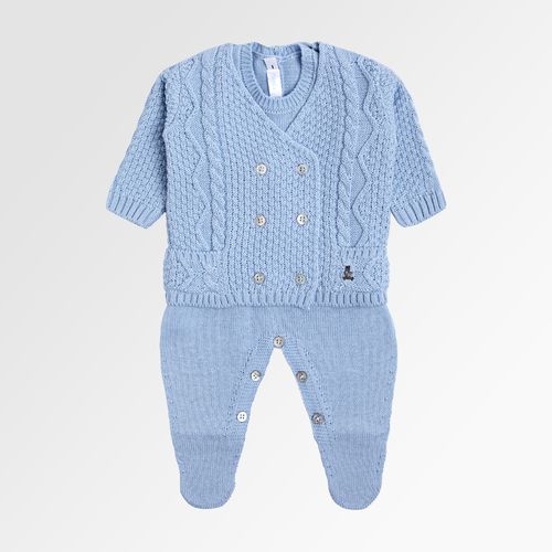 Saída de Maternidade Masculina com Manta Tricot Ponto Trança - AZUL BL.SKY