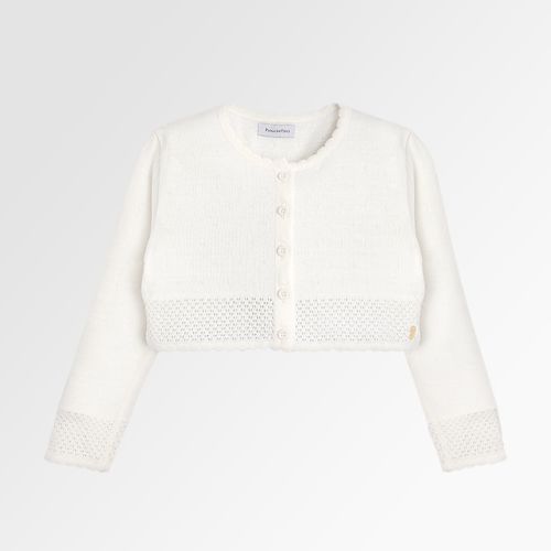 Bolero Tricot de Bebê Feminino Rendado com Textura - OFF WHITE
