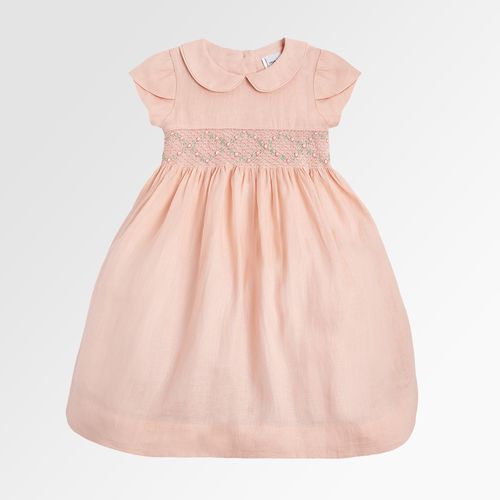 Vestido Infantil Feminino Ponto Smock Puro Linho - SALMON