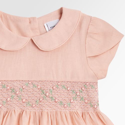Vestido Infantil Feminino Ponto Smock Puro Linho - SALMON
