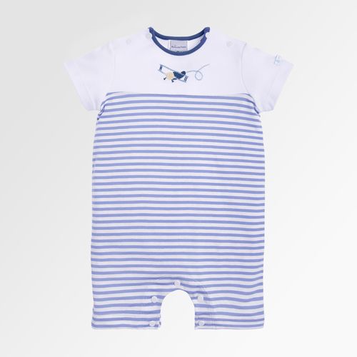 Macacão de Bebê Masculino Curto Listrado Pala Bordado Avião - AZUL BEBE