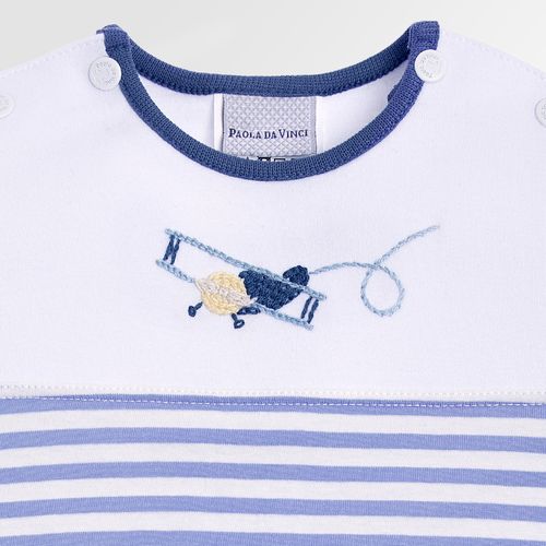 Macacão de Bebê Masculino Curto Listrado Pala Bordado Avião - AZUL BEBE