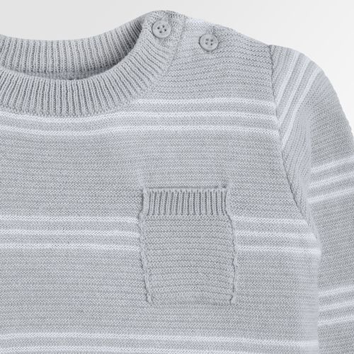Blusa Tricot de Bebê Masculina Manga Longa Listrada com Bolso - CINZA CLARO