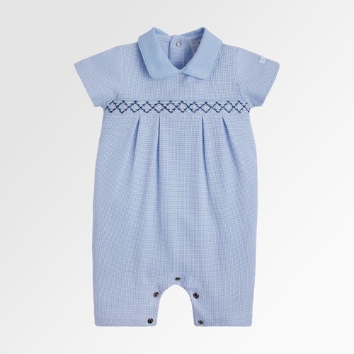 Macacão de Bebê Masculino Curto Favos Ponto Smock - AZUL BEBE