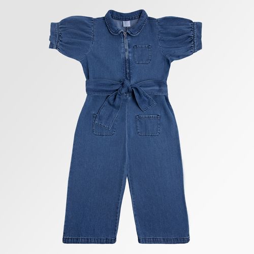 Macacão Jeans Infantil Feminino com Cinto Pantacourt - AZUL MARINHO