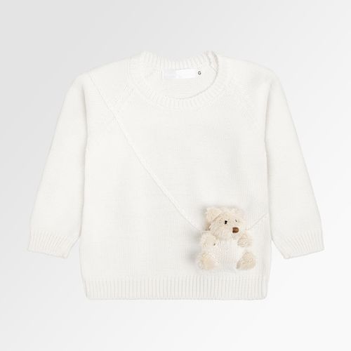 Blusa Tricot de Bebê Unissex Manga Longa com Ursinho no Bolso - NATURAL