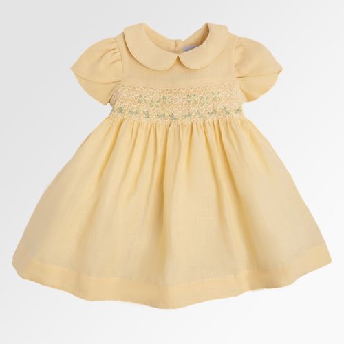 Vestido de Bebê Feminino Ponto Smock Puro Linho - AMARELO