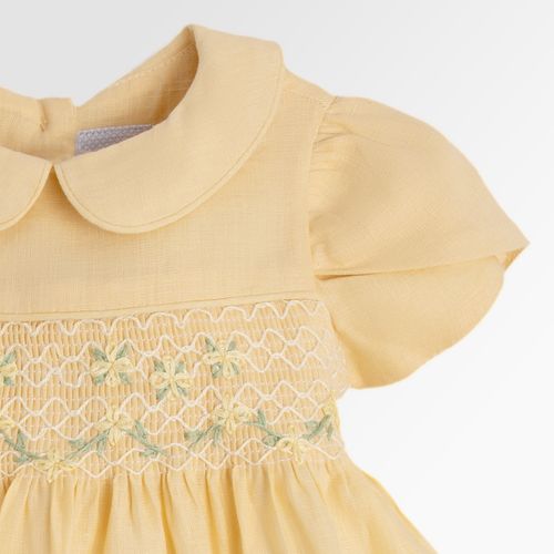 Vestido de Bebê Feminino Ponto Smock Puro Linho - AMARELO