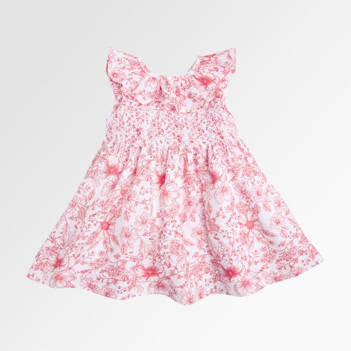 Vestido de Bebê Feminino Puro Linho Estampa Floral Ponto Smock - VERMELHO