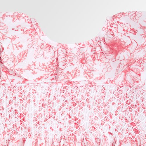Vestido de Bebê Feminino Puro Linho Estampa Floral Ponto Smock - VERMELHO