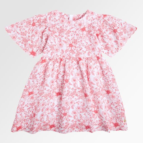 Vestido Infantil Feminino Puro Linho Estampa Floral - VERMELHO